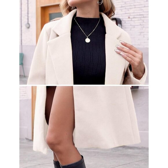 Women's Beige Winter Wool Coat Casual Notch Lapel Single-Breasted Peacoat - Picture 6 of 6